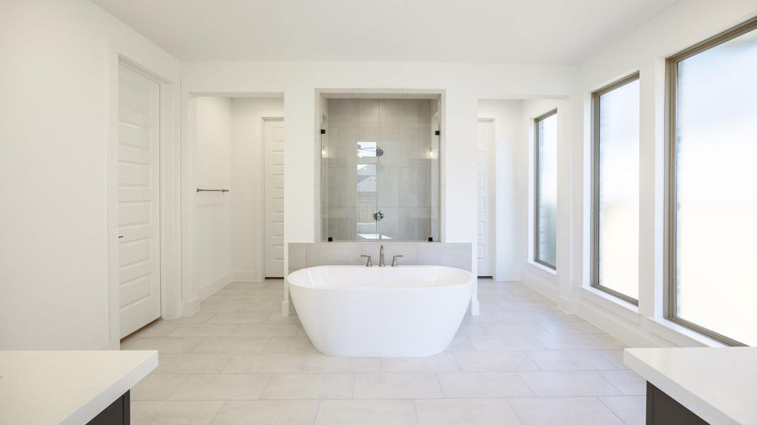 Bathroom featuring a shower stall, a freestanding tub, vanity, and light tile patterned floors