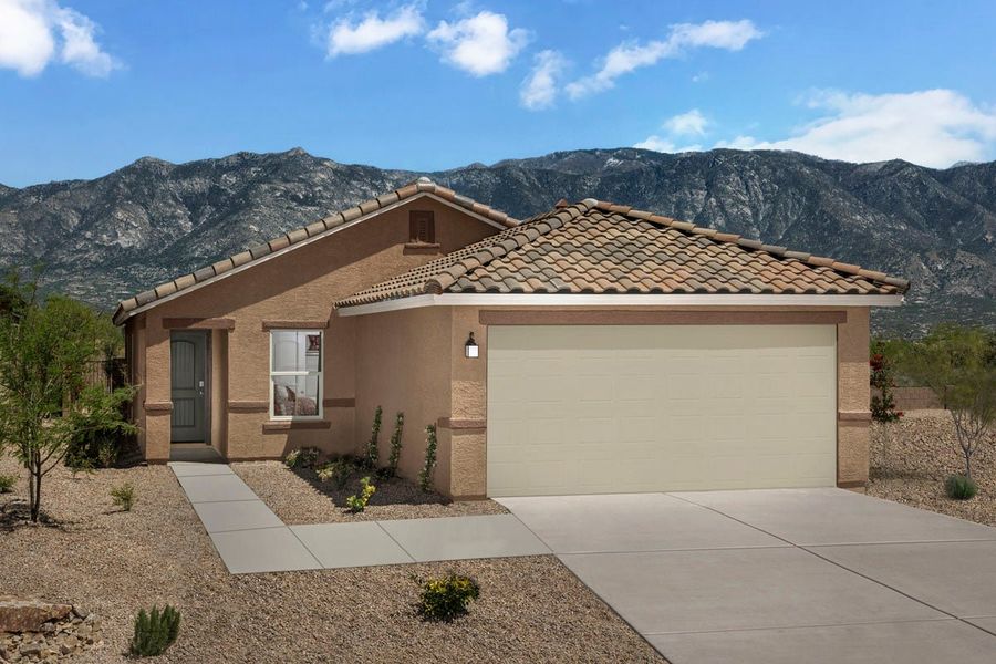 Front exterior of a new home in Wildflower Reserve, Tucson, AZ, highlighting curb appeal (Image 1). Front exterior of a new home in Wildflower Reserve, Tucson, AZ, highlighting curb appeal (Image 1).