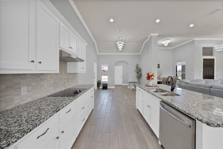 Kitchen with dishwasher, black electric cooktop, under cabinet range hood, arched walkways, and crown molding Kitchen with dishwasher, black electric cooktop, under cabinet range hood, arched walkways, and crown molding