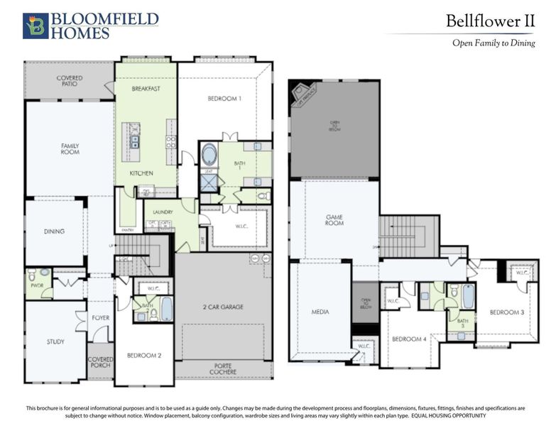 Bloomfield Homes Bellflower II two-story floor plan with four bedrooms, game room, media room, and two-car garage. Bloomfield Homes Bellflower II two-story floor plan with four bedrooms, game room, media room, and two-car garage.