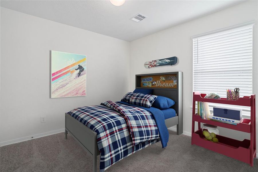 Secondary bedroom features plush carpet, custom paint, lighting, ample closet space, and a large window with privacy blinds.