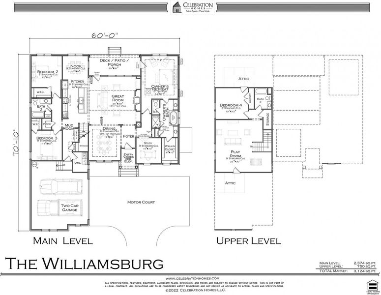 2D floor plan layout for the Williamsburg by Celebration Homes in Aden Woods Of Castleberry Farms, Fairview, TN (Image 3).