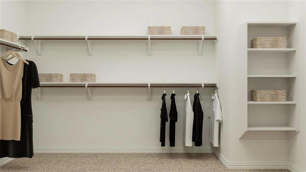 Organized closet featuring a built-in shelving unit, dual-level hanging rods, upper storage shelves, and textured carpet flooring Organized closet featuring a built-in shelving unit, dual-level hanging rods, upper storage shelves, and textured carpet flooring
