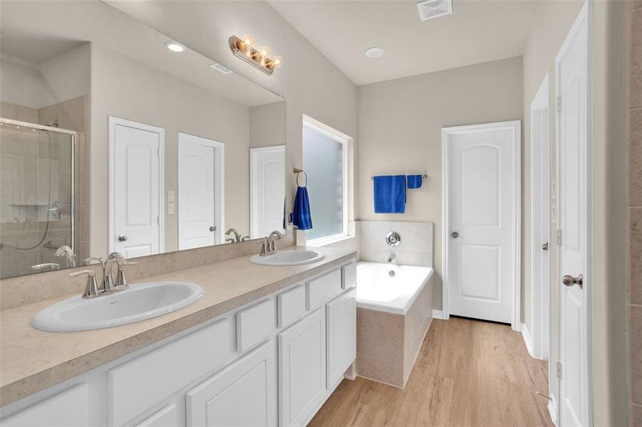 Double sinks and garden tub in primary bath