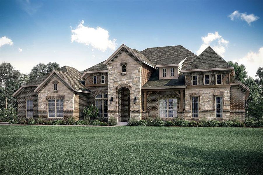 Front exterior of a new home in Oak Creek Ranch - 1 Acre Lots, Midlothian, TX, highlighting curb appeal (Image 1).
