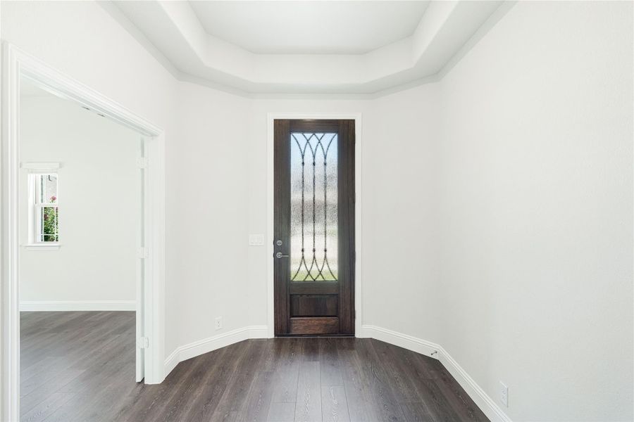 Entryway with dark wood front door featuring decorative glass panel, tray ceiling, and dark hardwood floors Entryway with dark wood front door featuring decorative glass panel, tray ceiling, and dark hardwood floors