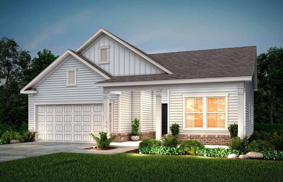 Bedrock new home Exterior LC3G with full front porch, brick accent and a double front window. Bedrock new home Exterior LC3G with full front porch, brick accent and a double front window.