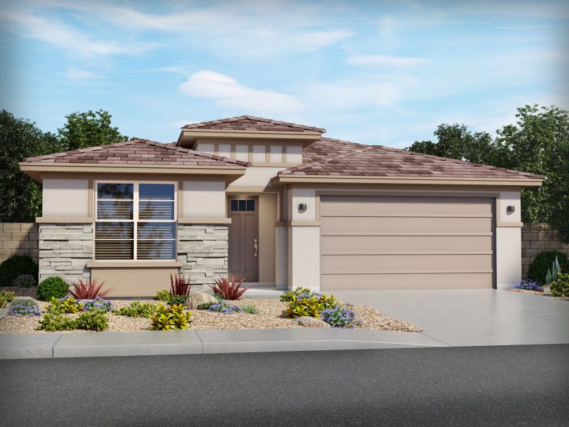 Front exterior of a new home in Houghton Reserve - Esplanade, Tucson, AZ, highlighting curb appeal (Image 2).