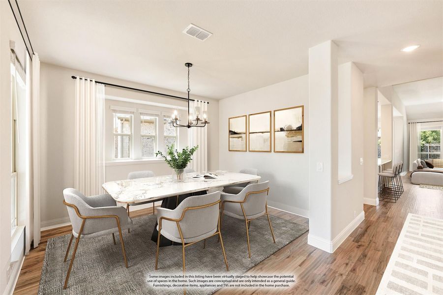 Dining room with marble table, six gray chairs, chandelier, and hardwood floors Dining room with marble table, six gray chairs, chandelier, and hardwood floors