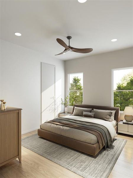 This is a bright and modern bedroom featuring large windows, a ceiling fan, and contemporary furnishings with a neutral color palette.