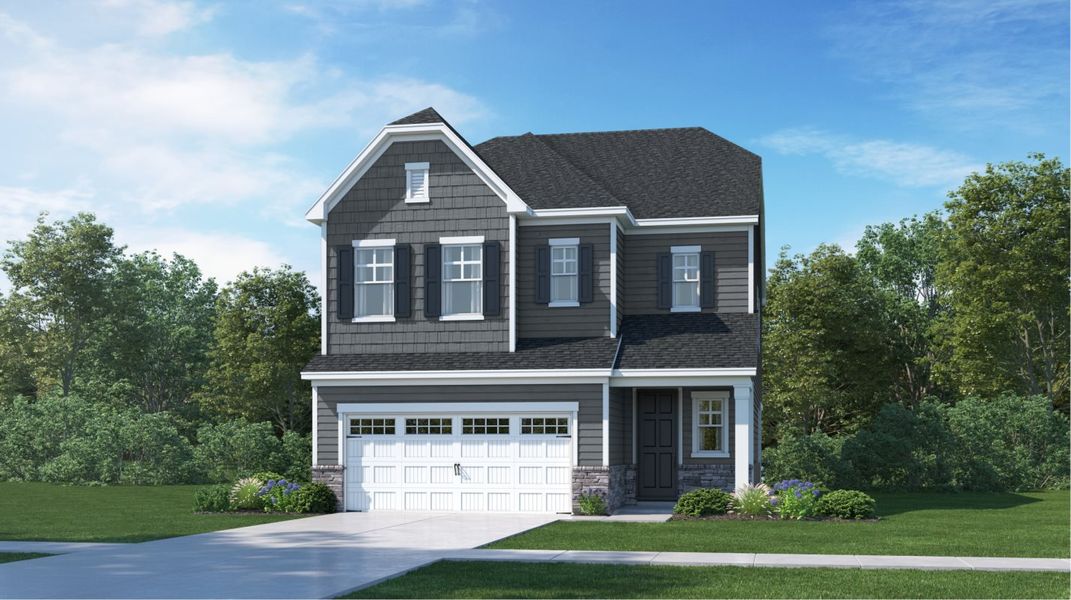 Front exterior of a new home in Parker Ridge, Rolesville, NC, highlighting curb appeal (Image 1). Front exterior of a new home in Parker Ridge, Rolesville, NC, highlighting curb appeal (Image 1).