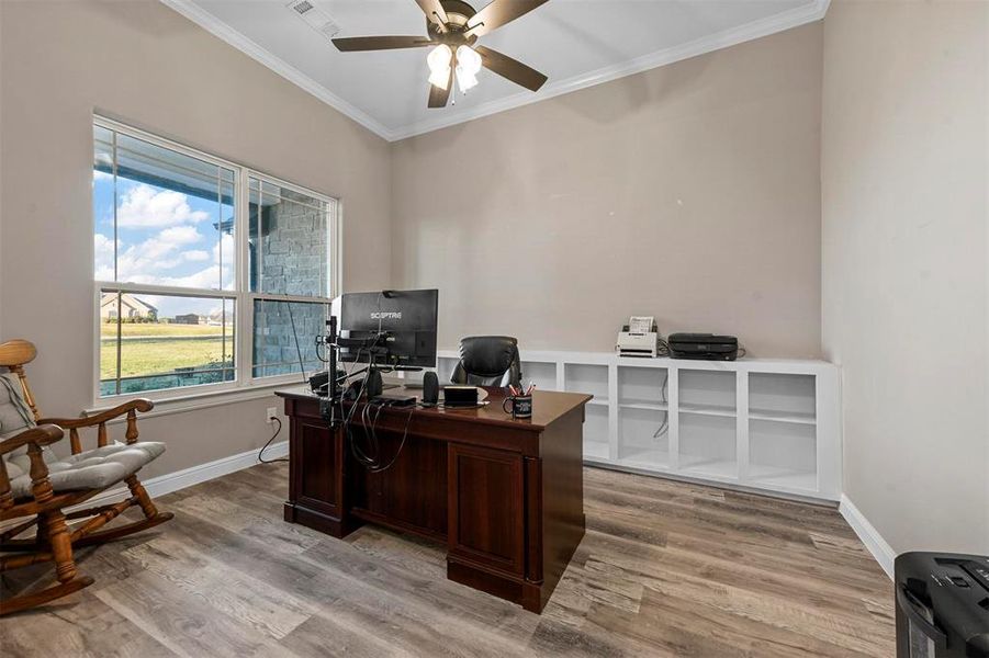 Home office featuring ceiling fan, ornamental molding, and light wood-type flooring