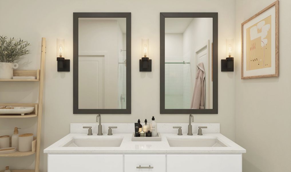 Primary bath with dual sinks and matte black mirrors