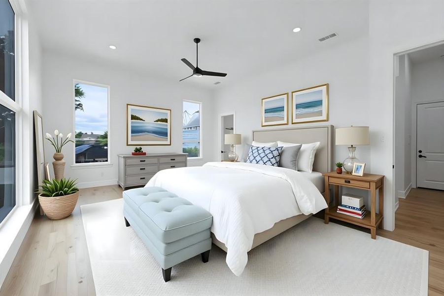 Virtually Staged Bedroom with multiple windows, wood finished floors, baseboards, and recessed lighting Virtually Staged Bedroom with multiple windows, wood finished floors, baseboards, and recessed lighting