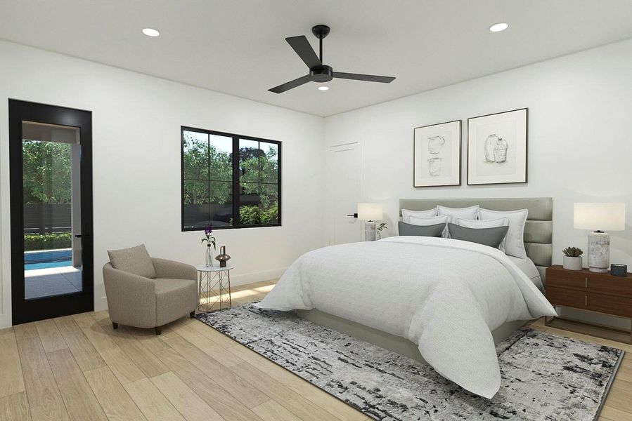 Bedroom with light wood-type flooring, access to exterior, multiple windows, and ceiling fan