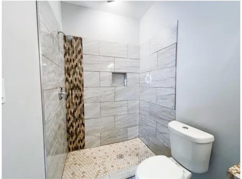 Bathroom with a tile shower and toilet Bathroom with a tile shower and toilet