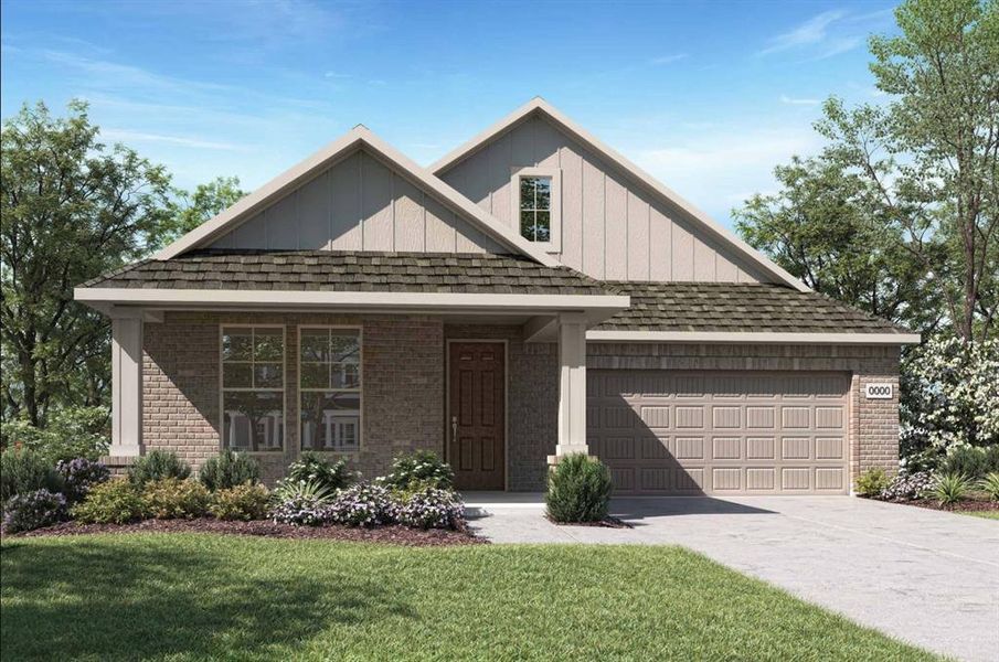 Front exterior of a new home in Discovery Collection at View at the Reserve, Mansfield, TX, highlighting curb appeal (Image 1). Front exterior of a new home in Discovery Collection at View at the Reserve, Mansfield, TX, highlighting curb appeal (Image 1).