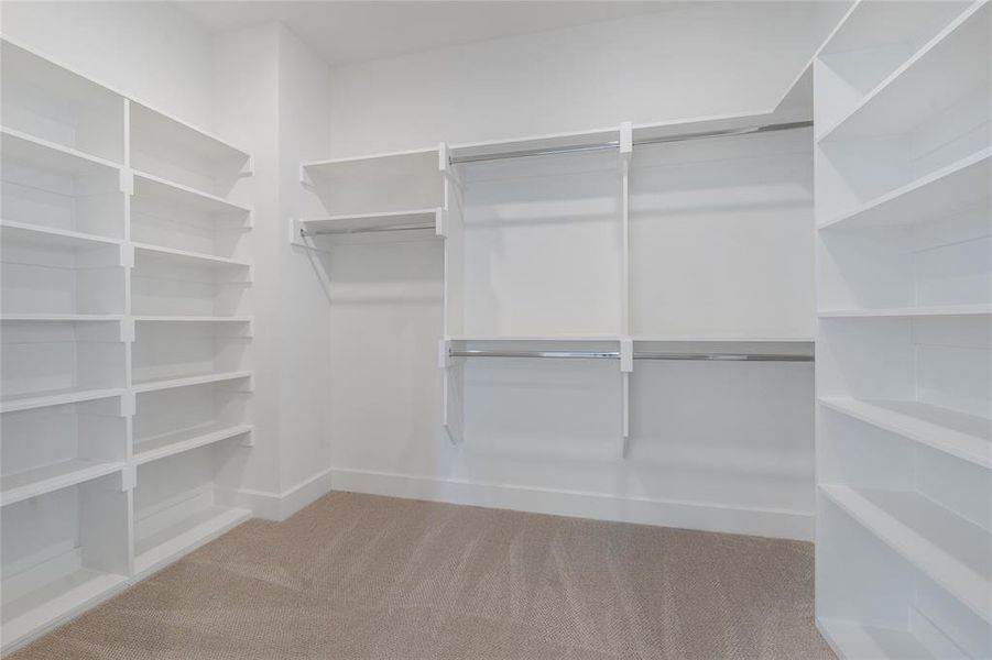 Spacious closet with light carpet