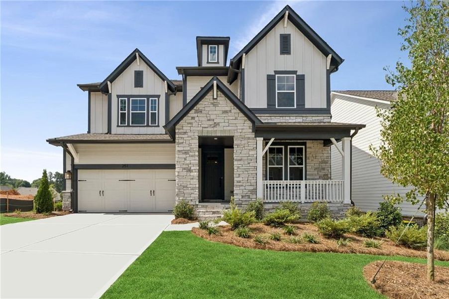 Front exterior of a new home in Havencroft, Woodstock, GA, highlighting curb appeal (Image 1). Front exterior of a new home in Havencroft, Woodstock, GA, highlighting curb appeal (Image 1).