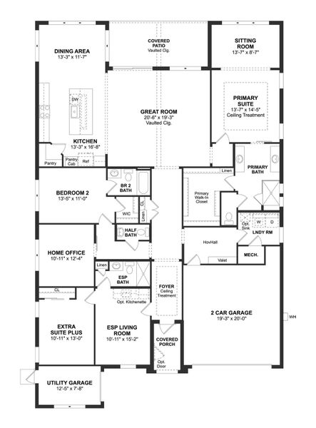 2D floor plan layout for the Bell by K. Hovnanian® Homes in K. Hovnanian's® Four Seasons at Wylder, Port St. Lucie, FL (Image 3).