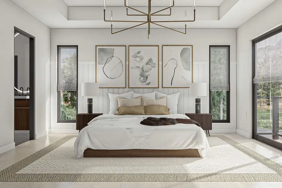 Bedroom featuring a raised ceiling, access to outside, a chandelier, and baseboards