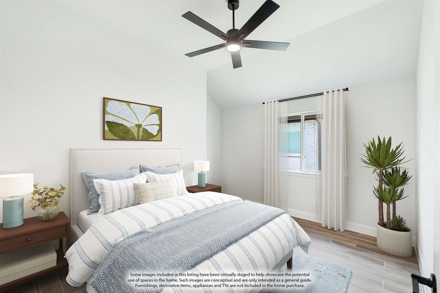 Bedroom with vaulted ceiling, ceiling fan, light wood-look floors, and a large window with white curtains