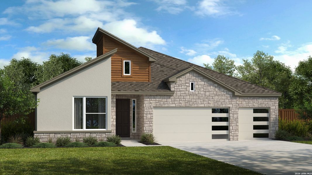 Front exterior of a new home in Esperanza, Boerne, TX, highlighting curb appeal (Image 1). Front exterior of a new home in Esperanza, Boerne, TX, highlighting curb appeal (Image 1).