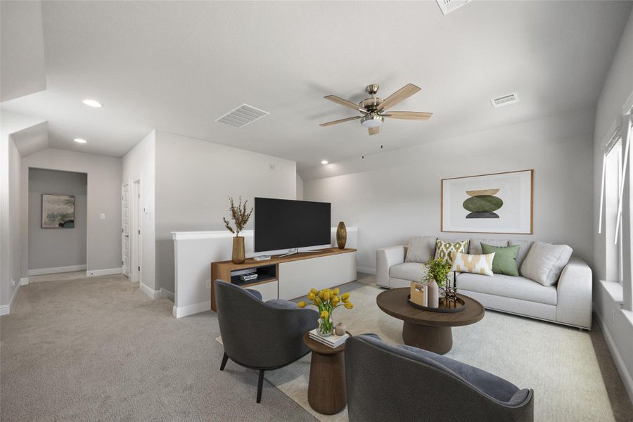 A versatile secondary living space located on the 2nd floor -perfect for a media room, playroom, office, or a guest retreat