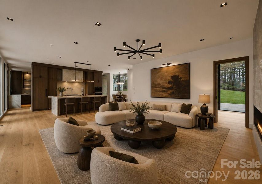 Open-concept main living area including the living room and kicthen. Disclosure: This image has been digitally enhanced with AI-generated virtual staging and does not reflect the property's actual condition. Open-concept main living area including the living room and kicthen. Disclosure: This image has been digitally enhanced with AI-generated virtual staging and does not reflect the property's actual condition.
