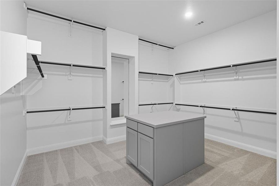 Walk in closet with light carpet