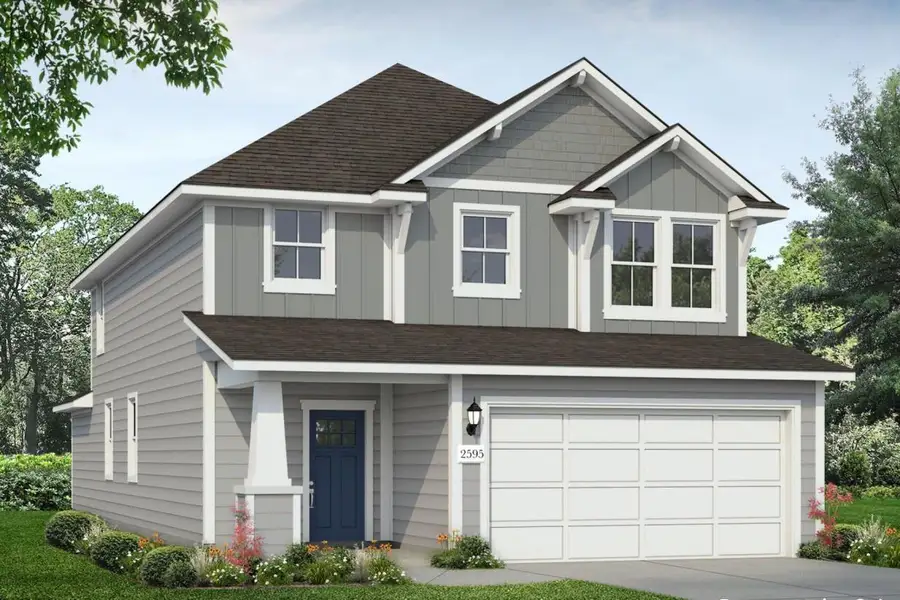 Front exterior of a new home in Cascade, Liberty Hill, TX, highlighting curb appeal (Image 1). Front exterior of a new home in Cascade, Liberty Hill, TX, highlighting curb appeal (Image 1).