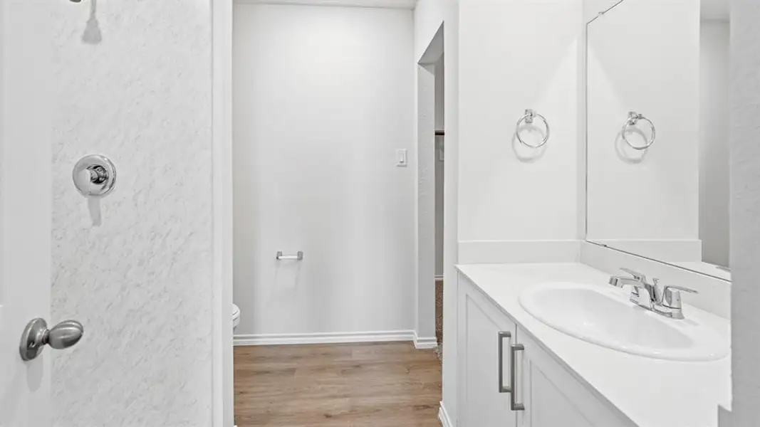 Bathroom with vanity, light wood-style flooring, and a shower