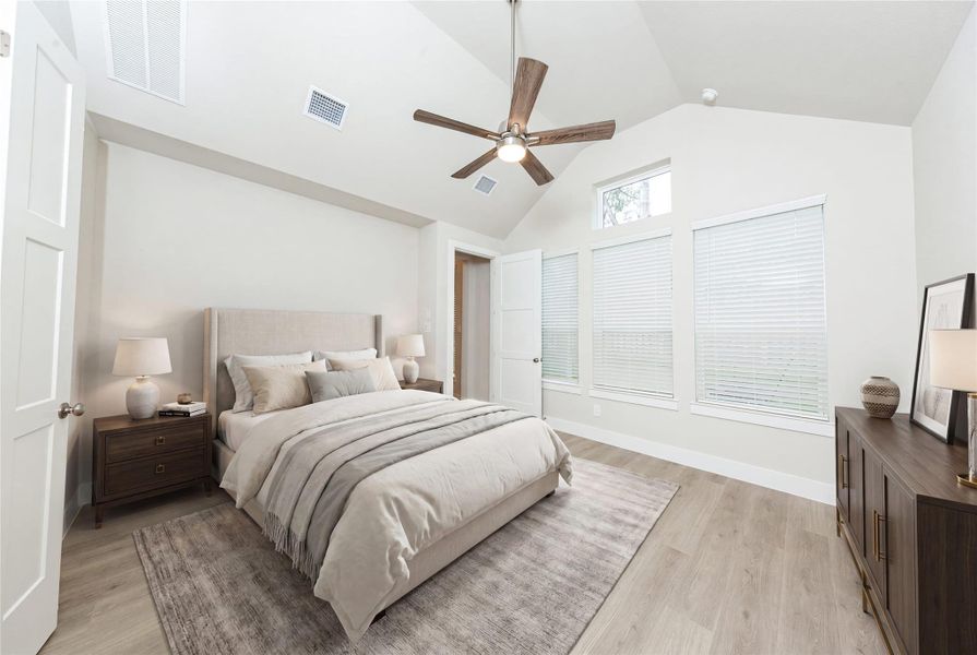 This spacious primary bedroom features an eye-catching architectural niche that offers a dedicated, recessed area perfect for showcasing art, a reading nook, or extra decor, adding custom character without taking up valuable floor space. *Virtually Staged. This spacious primary bedroom features an eye-catching architectural niche that offers a dedicated, recessed area perfect for showcasing art, a reading nook, or extra decor, adding custom character without taking up valuable floor space. *Virtually Staged.