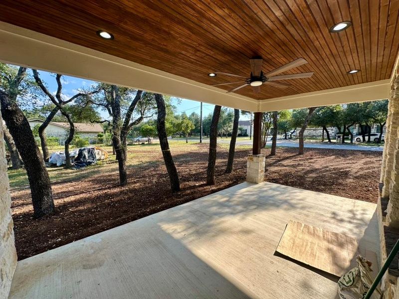 View of patio with ceiling fan