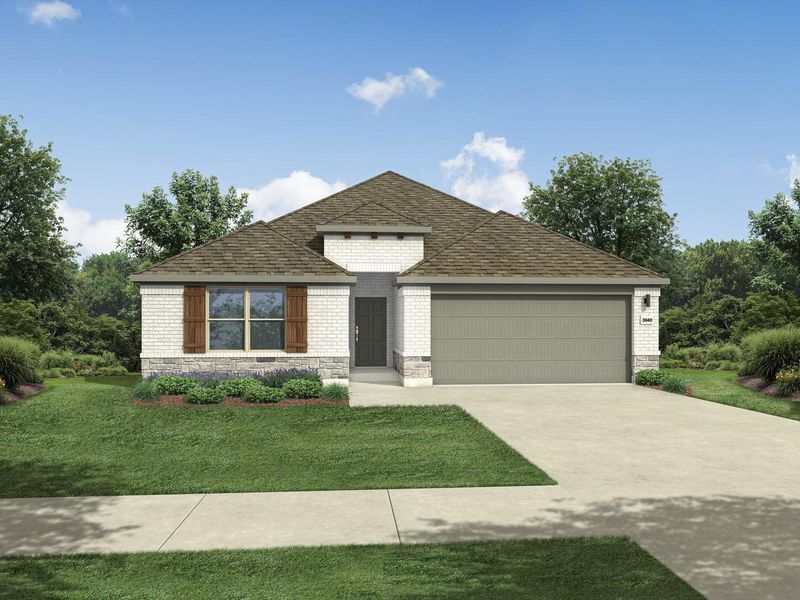 Front exterior of a new home in Prairie Winds, Hutto, TX, highlighting curb appeal (Image 1). Front exterior of a new home in Prairie Winds, Hutto, TX, highlighting curb appeal (Image 1).