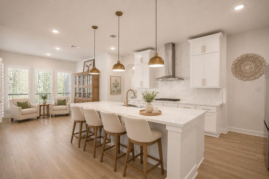 The open layout flows into the living area, and neighbors the breakfast room, ideal for entertaining. The open layout flows into the living area, and neighbors the breakfast room, ideal for entertaining.