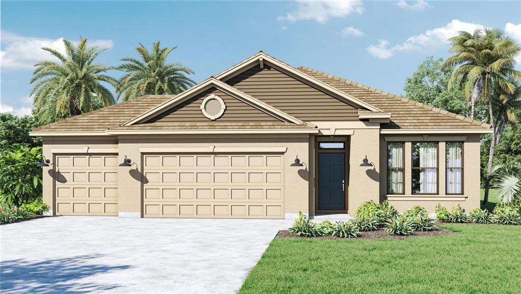 Front exterior of a new home in Kindred, Kissimmee, FL, highlighting curb appeal (Image 1).
