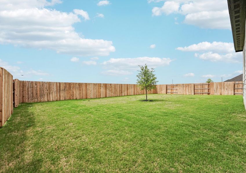 Rear yard of the Leland floor plan featuring a grassy, privacy-fenced backyard. Rear yard of the Leland floor plan featuring a grassy, privacy-fenced backyard.