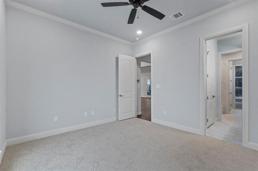 Unfurnished bedroom featuring ceiling fan, light colored carpet, and ornamental molding