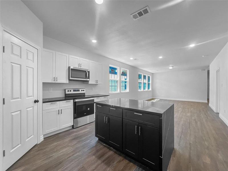 Kitchen with dark cabinets, appliances with stainless steel finishes, dark wood-style floors, recessed lighting, and white cabinetry Kitchen with dark cabinets, appliances with stainless steel finishes, dark wood-style floors, recessed lighting, and white cabinetry