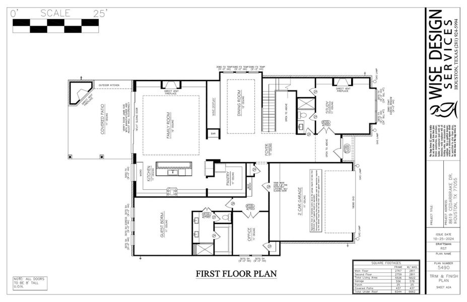 First Level Floor Plan. The first floor will feature a spacious family room with an open floor plan with the kitchen with 12 foot ceilings. Formal dining. Large walk-in pantry/ancillary kitchen. Full guest suite downstairs w/ large walk-in closest and dual sinks in bath. Mud space. Formal study w/ a full bath (could be an optional 6th bed). Plus a flex room which could make an ideal secondary study, gym, playroom. 2 car attached over-sized garage.