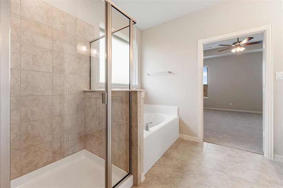 Bathroom with a bath, healthy amount of natural light, a shower stall, and a ceiling fan Bathroom with a bath, healthy amount of natural light, a shower stall, and a ceiling fan