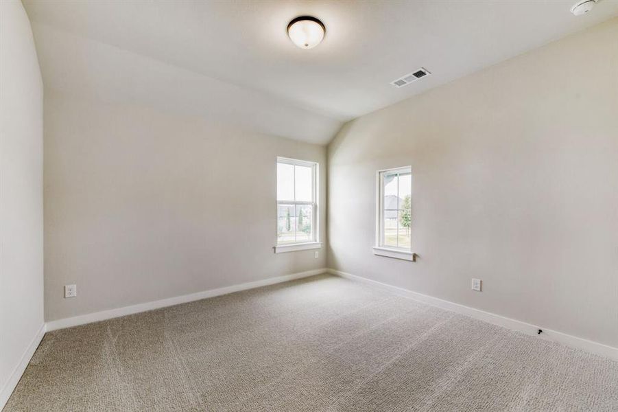 Carpeted room featuring two windows with white trim, a flush-mount ceiling light, and white baseboards