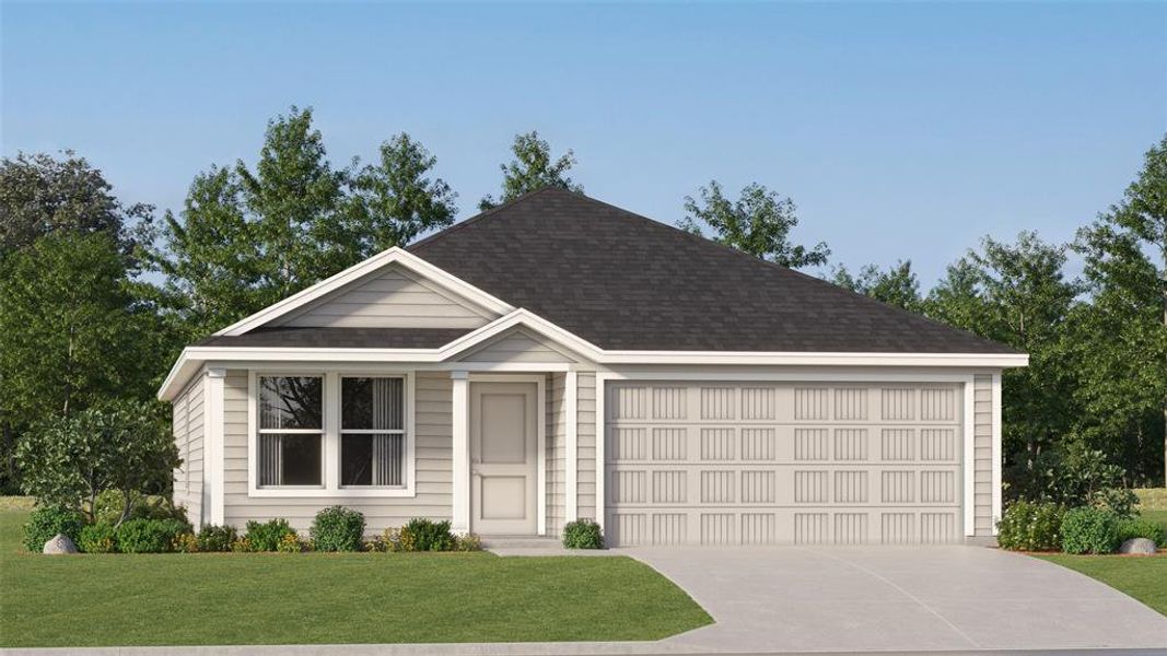 Ranch-style home featuring a front yard and a garage