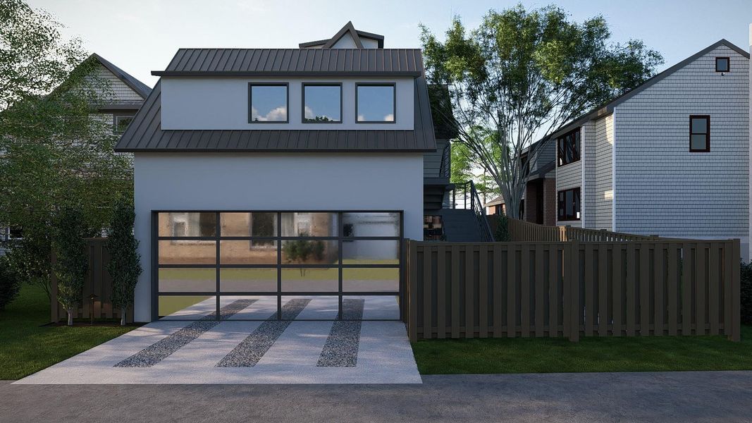 Modern home featuring a fenced front yard, a metal roof, stucco siding, and a gate Modern home featuring a fenced front yard, a metal roof, stucco siding, and a gate