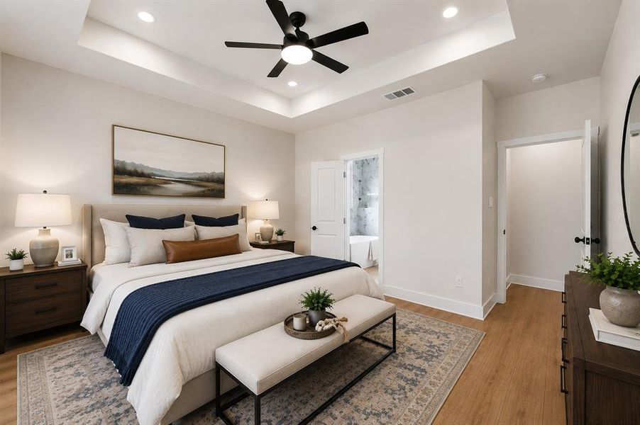 Recessed lighting illuminating a tray ceiling with a ceiling fan Recessed lighting illuminating a tray ceiling with a ceiling fan