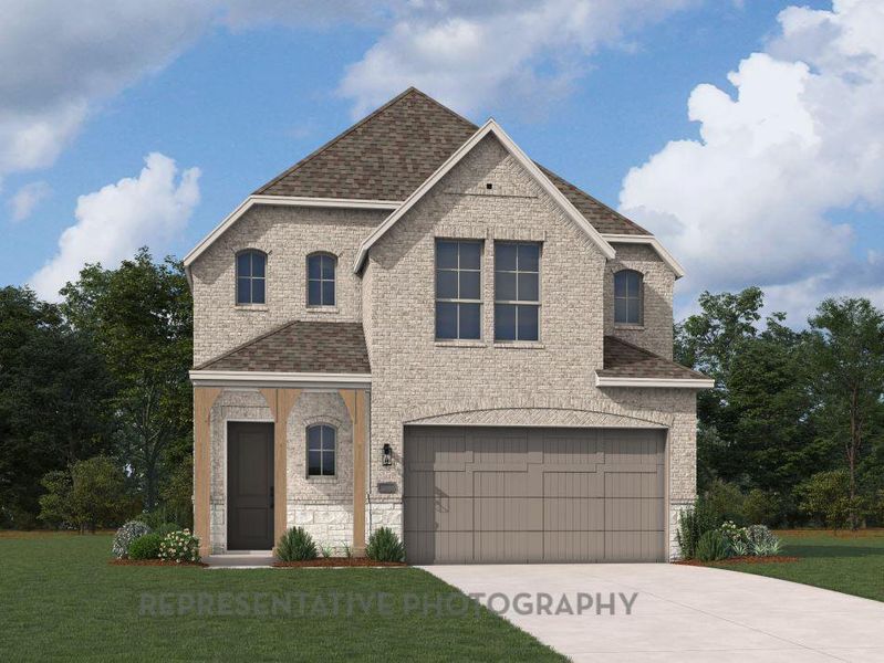 Front exterior of a new home in Santa Rita Ranch: 40-45ft. lots, Liberty Hill, TX, highlighting curb appeal (Image 1).