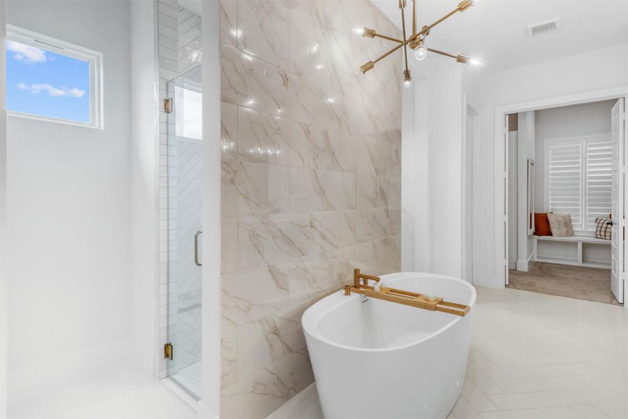 Pass-through shower with glass doors is beautifully topped with windows for lots of natural light. Massive walk-in closet you have to see to believe!