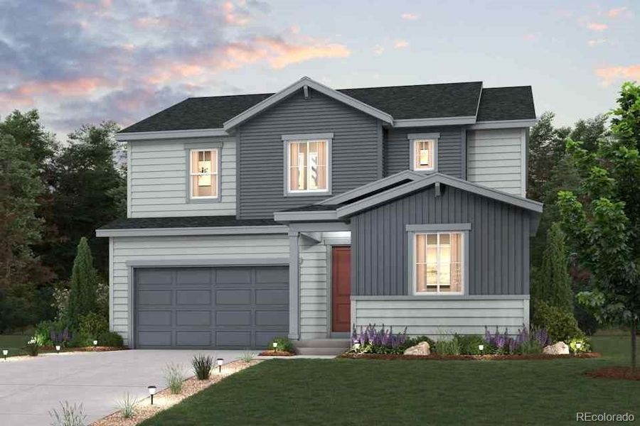 Front exterior of a new home in Floret Collection at Parkdale Commons, Erie, CO, highlighting curb appeal (Image 1). Front exterior of a new home in Floret Collection at Parkdale Commons, Erie, CO, highlighting curb appeal (Image 1).