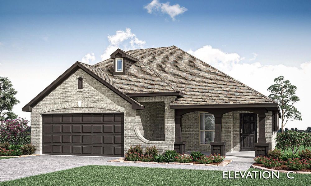 Single-story brick home with two-car garage, covered front porch, and pitched roof, Elevation C rendering Single-story brick home with two-car garage, covered front porch, and pitched roof, Elevation C rendering